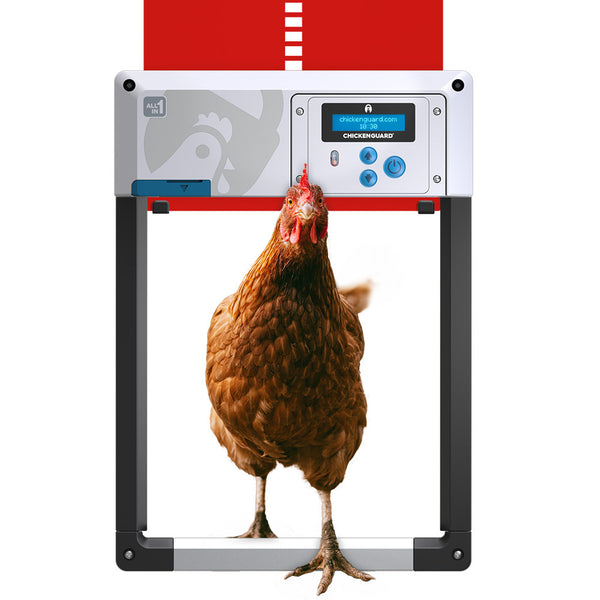 ChickenGuard Coop Door Opener, featuring a self-locking mechanism for secure closure