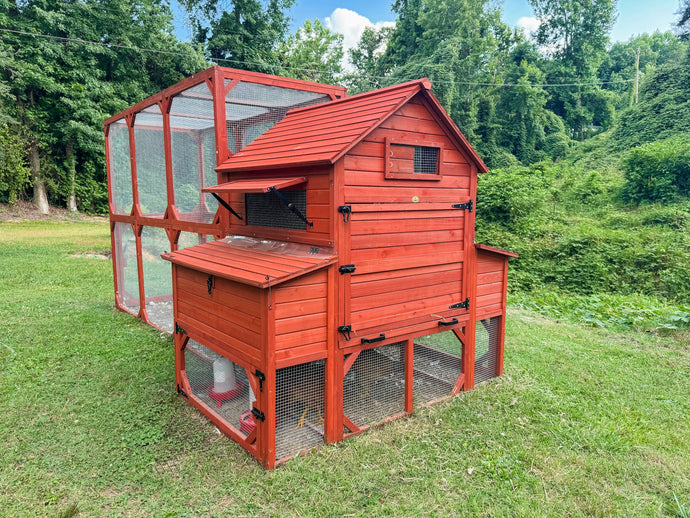 A red wooden chicken coop for 10+ chickens, featuring a multi-level design with an enclosed run, set on a grassy area.