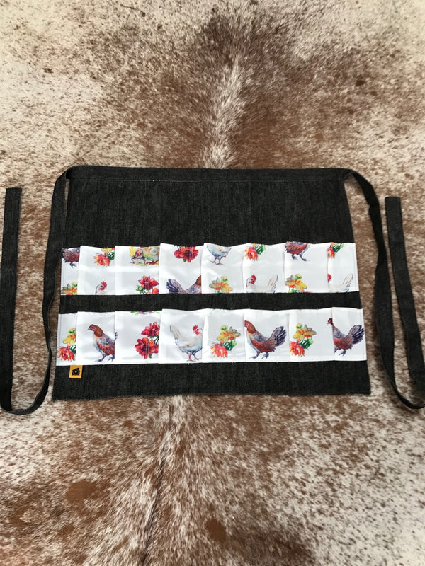 Black Denim Egg Apron with Chicken Print Pockets - 14 Pockets Hand Sewn!