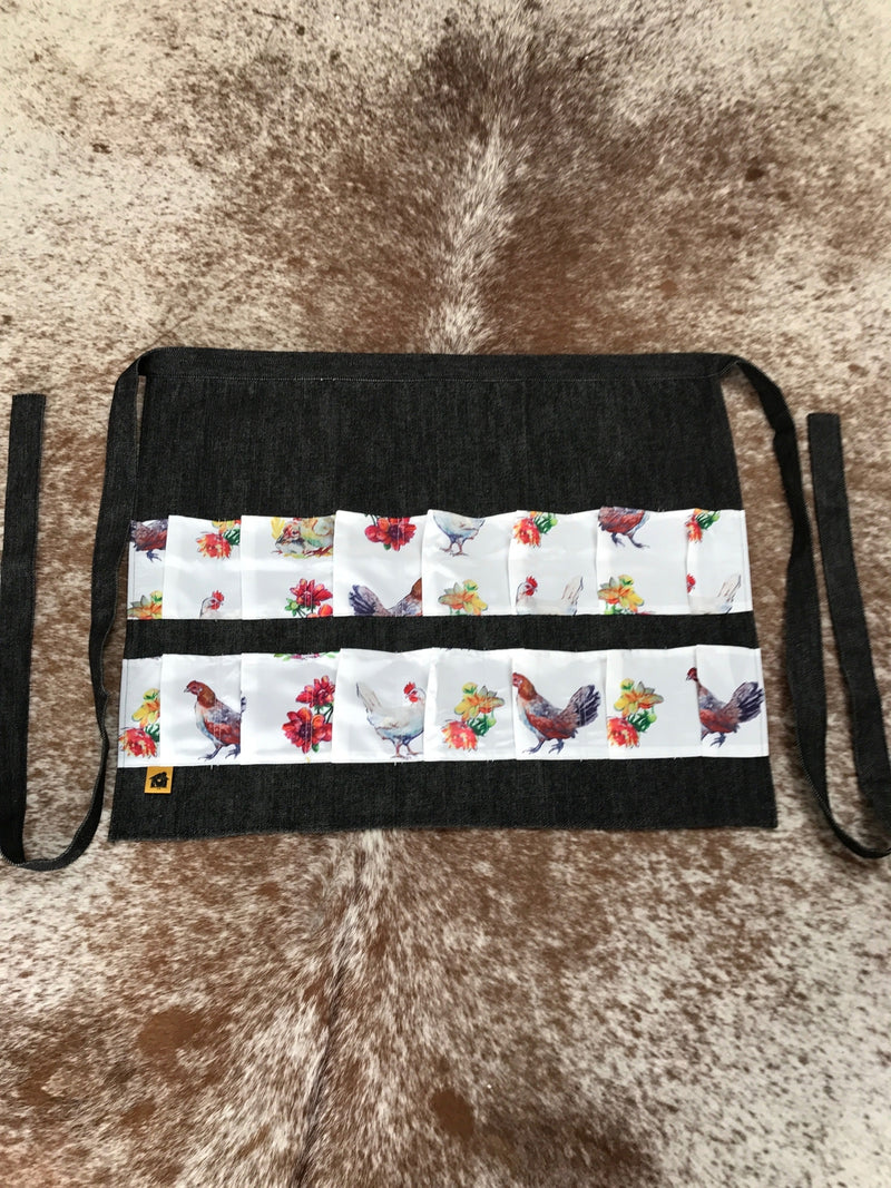 Black Denim Egg Apron with Chicken Print Pockets - 14 Pockets Hand Sewn!