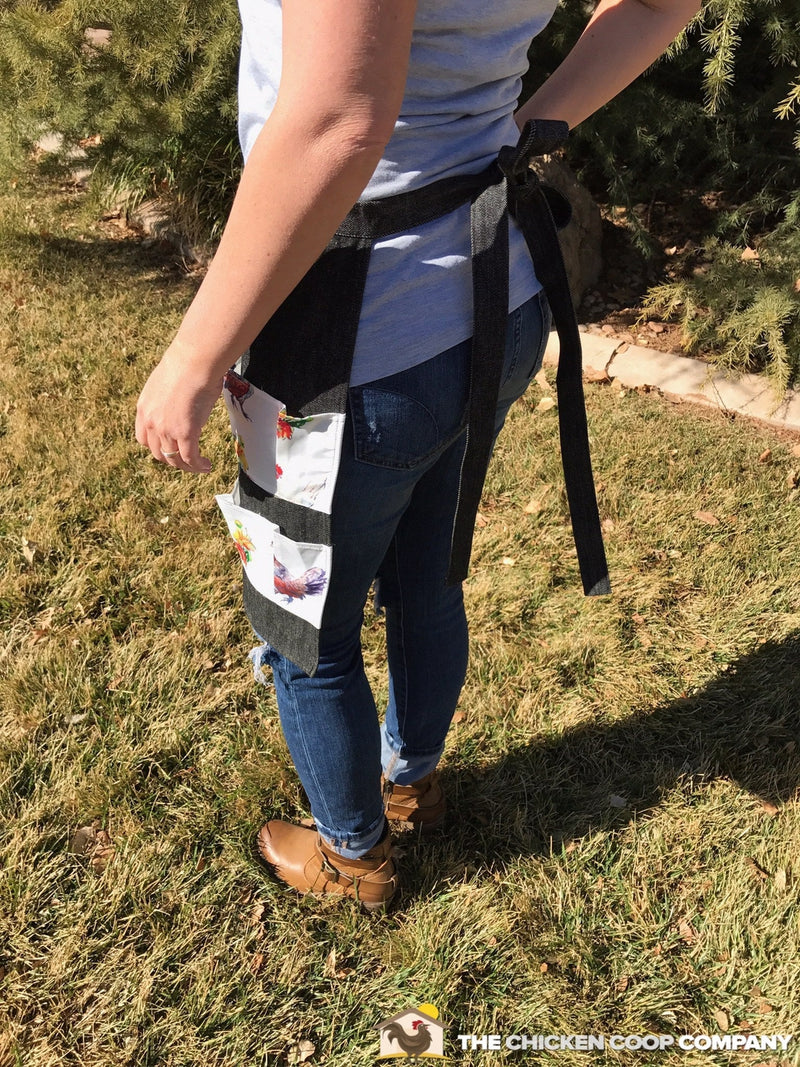 Black Denim Egg Apron with Chicken Print Pockets - 14 Pockets Hand Sewn!