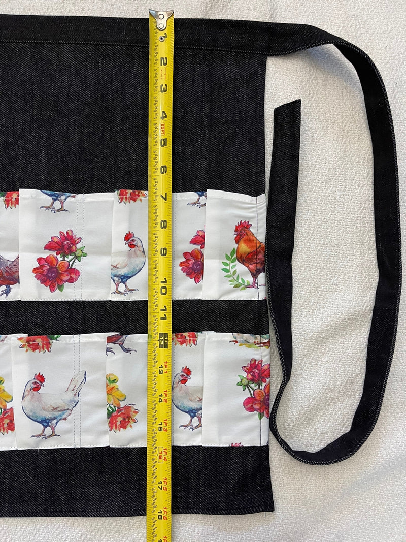 Black Denim Egg Apron with Chicken Print Pockets - 14 Pockets Hand Sewn!