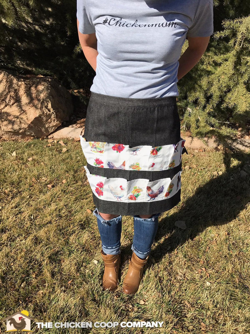 Black Denim Egg Apron with Chicken Print Pockets - 14 Pockets Hand Sewn!