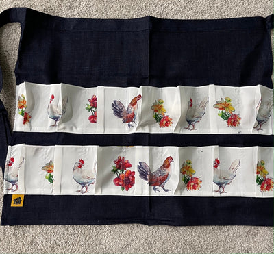 Navy Denim Egg Apron with Chicken Print Pockets - 14 Pockets Hand Sewn!