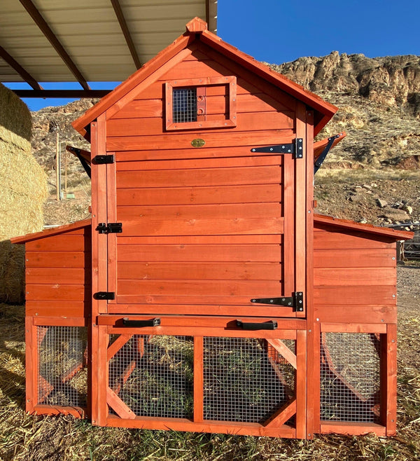 A red wooden chicken coop kit for 6+ chickens with a small window and wire mesh base, set against a mountain backdrop.